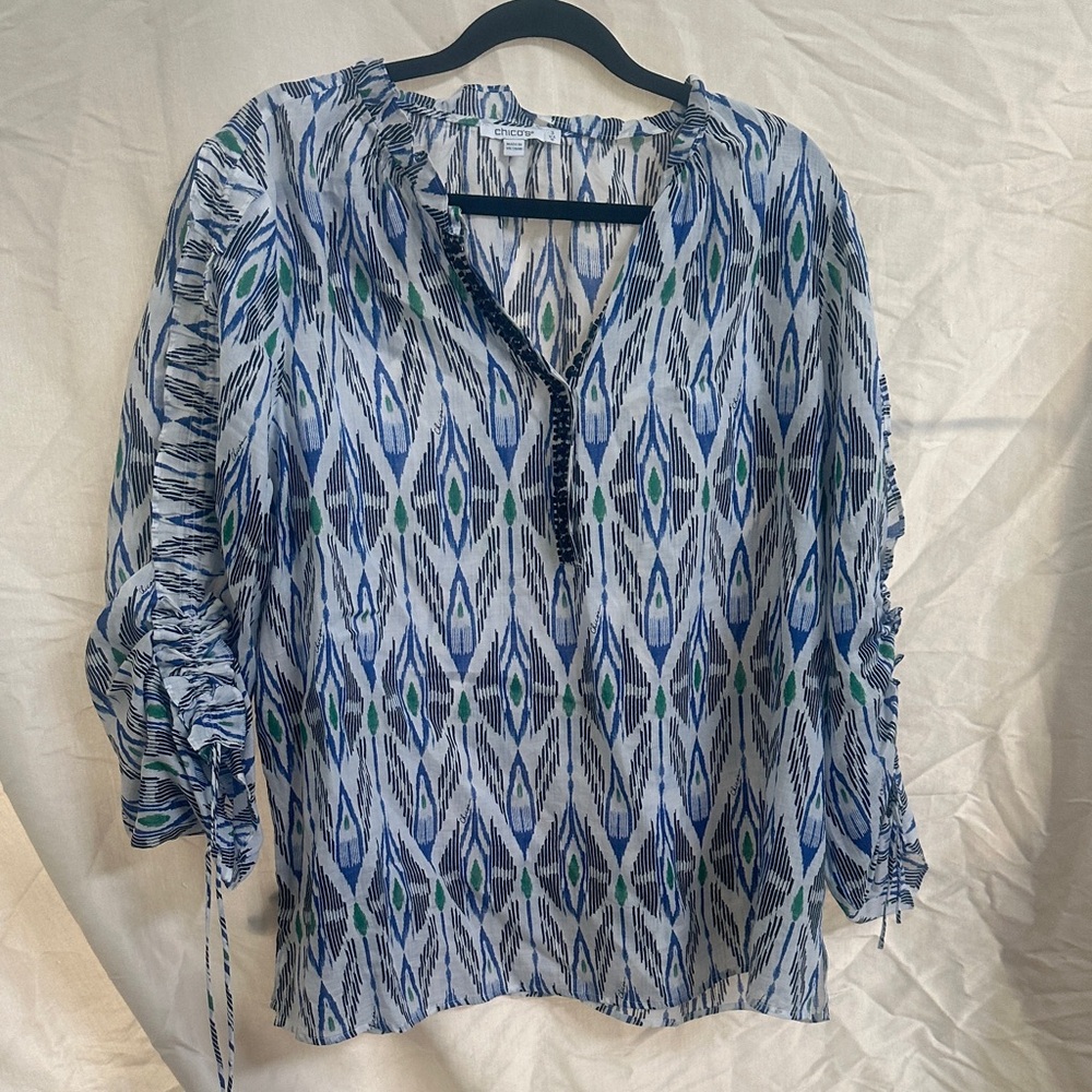 Chico's Blue and Green Patterned Blouse